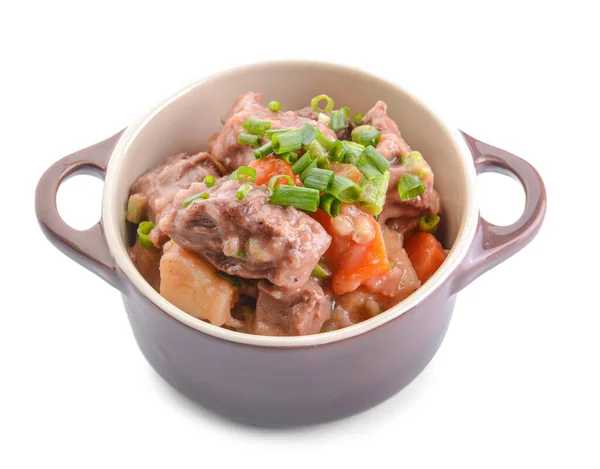 Pot Tasty Beef Stew White Background — Stock Photo, Image