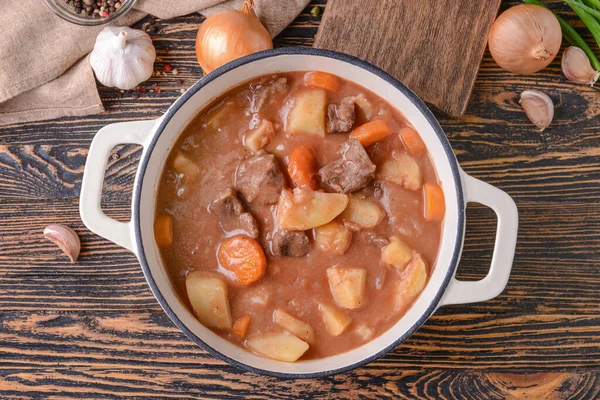 Pot Tasty Beef Stew Table — Stock Photo, Image