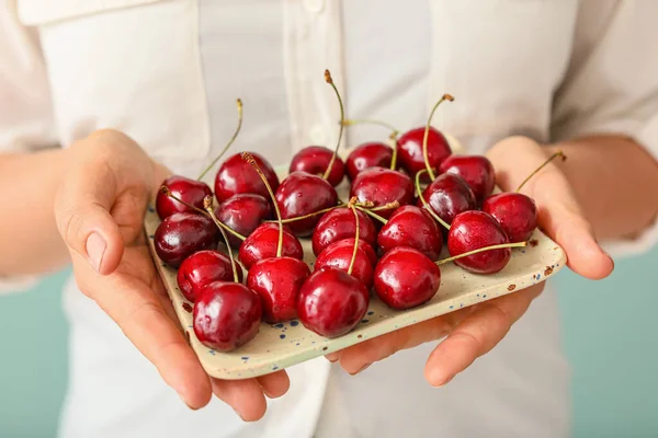 Woman Plate Sweet Cherry Color Background Closeup — Stock Photo, Image