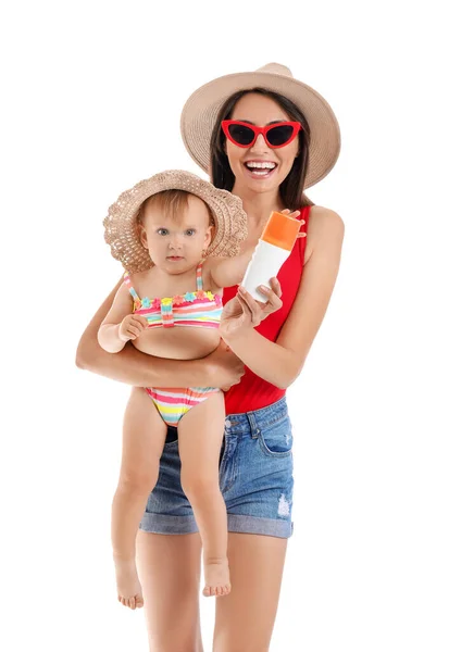 Mère Petite Fille Avec Crème Solaire Sur Fond Blanc — Photo