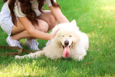 Parkta sevimli köpeği olan genç bir kadın.