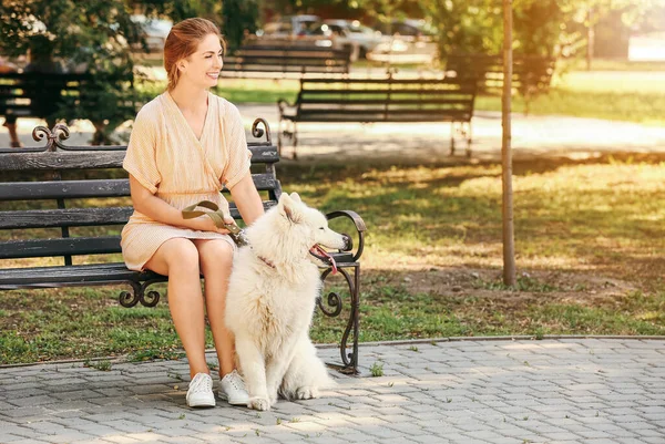 Young Woman Cute Samoyed Dog Park — Stock Photo, Image