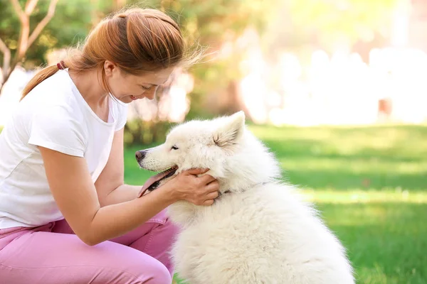 若いです女性とともに可愛いです犬で公園 — ストック写真