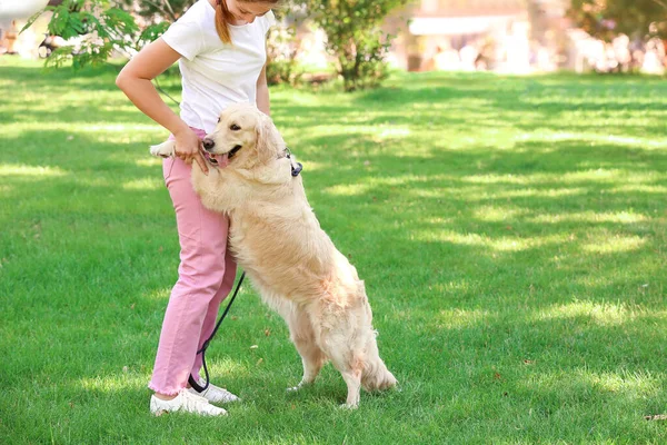 Jovem Mulher Com Cão Bonito Parque — Fotografia de Stock