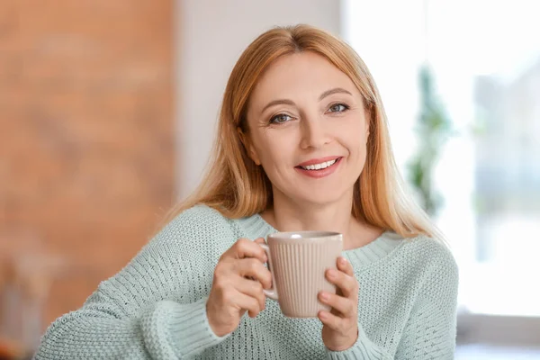 Beautiful Woman Drinking Tea Home — Stock Photo, Image