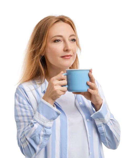 Bella Donna Con Tazza Sfondo Bianco — Foto Stock