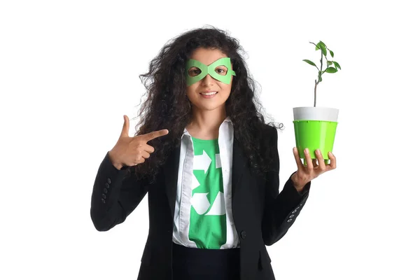 Woman Dressed Eco Superhero Plant White Background — Stock Photo, Image