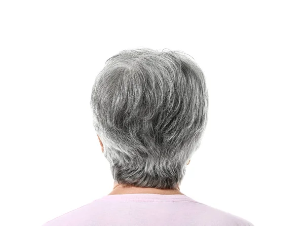 Κομψή Ηλικιωμένη Γυναίκα Λευκό Φόντο Πίσω Όψη — Φωτογραφία Αρχείου