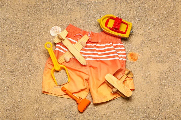 Ensemble Accessoires Plage Pour Enfants Sur Sable Vue Dessus — Photo