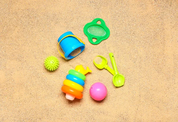 Set Beach Accessories Children Sand Top View — Stock Photo, Image