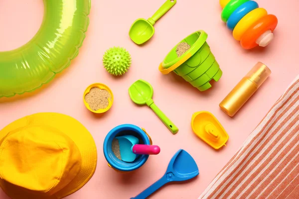 Set Beach Accessories Children Color Background — Stock Photo, Image