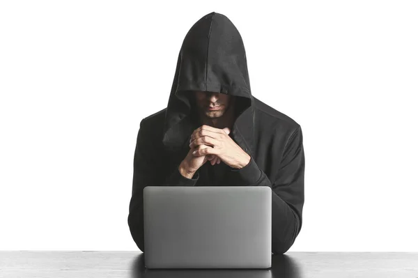 Professionele Hacker Met Behulp Van Laptop Aan Tafel Tegen Witte — Stockfoto