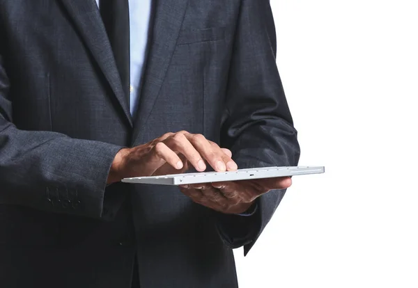 Young Businessman Tablet Computer White Background — Stock Photo, Image