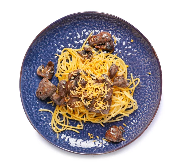 Plate Tasty Pasta Mushrooms White Background — Stock Photo, Image