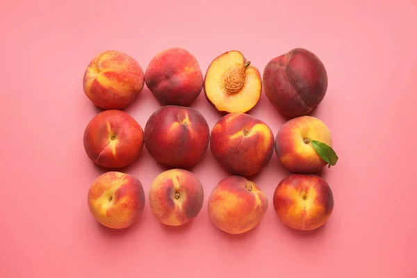 Many Ripe Peaches Color Background — Stock Photo, Image
