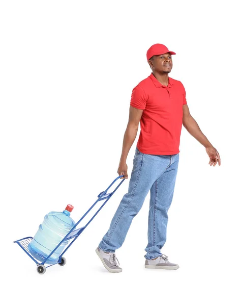 African American Delivery Man Bottle Water White Background — Stock Photo, Image