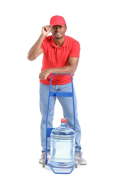 Africano Americano Entregador Com Garrafa Água Sobre Fundo Branco — Fotografia de Stock