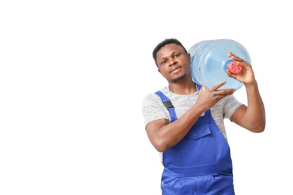 African American Delivery Man Bottle Water Light Background — Stock Photo, Image