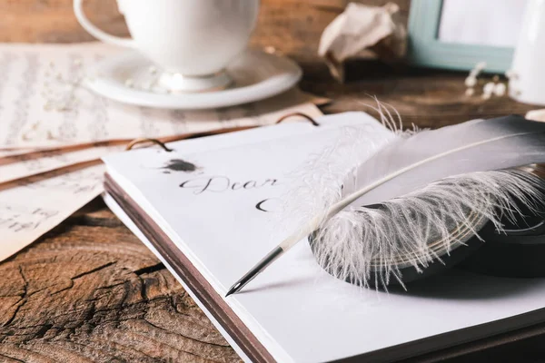 Notebook Feather Pen Wooden Table — Stock Photo, Image