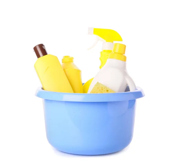 Conjunto Materiais Limpeza Sobre Fundo Branco — Fotografia de Stock
