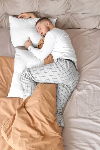 Young Man Sleeping Bed Home — Stock Photo, Image
