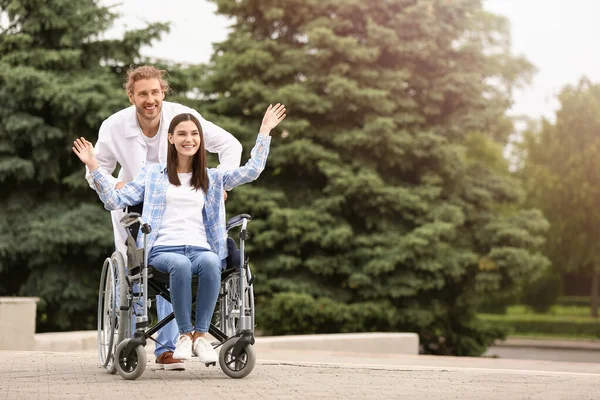 Doctor Young Woman Wheelchair Outdoors — Stock Photo, Image