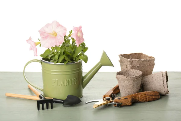 Gardening Tools Table White Background — Stock Photo, Image