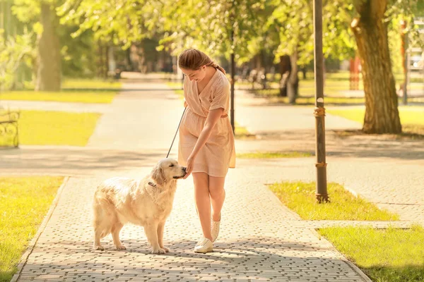 Young Woman Cute Dog Walking Park — Stock Photo, Image