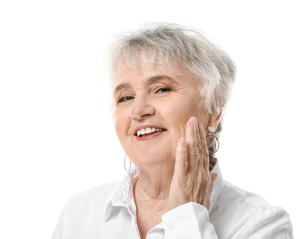 Stijlvolle Senior Vrouw Witte Achtergrond — Stockfoto