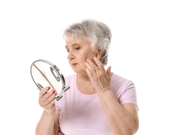 Senior Woman Looking Mirror White Background — Stock Photo, Image