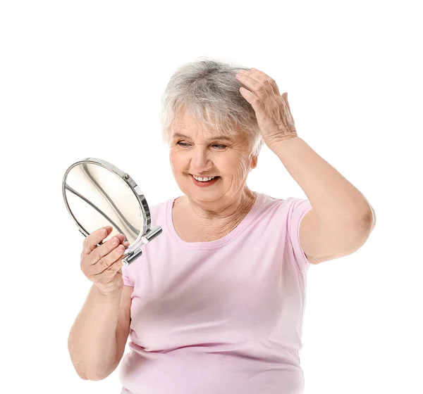 Senior Woman Looking Mirror White Background — Stock Photo, Image