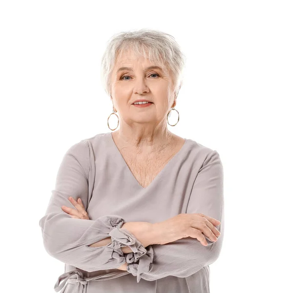 Elegante Mujer Mayor Sobre Fondo Blanco — Foto de Stock