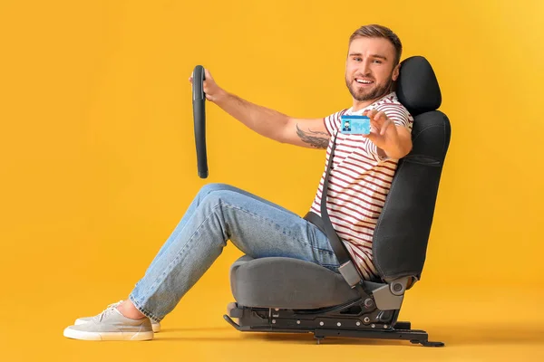 Young Man Steering Wheel Driving License Sitting Car Seat Color — Stock Photo, Image