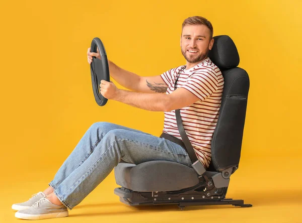 Young Man Steering Wheel Sitting Car Seat Color Background — Stock Photo, Image