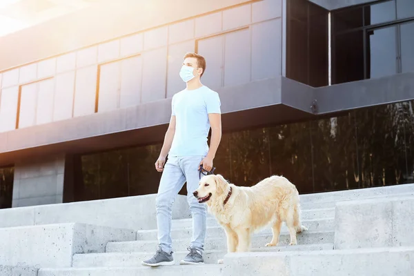 Young Man Protective Mask Cute Dog Walking Outdoors — Stock Photo, Image