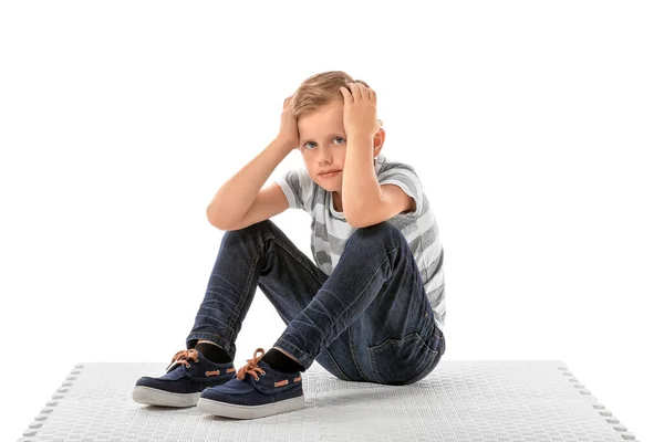 Sad Little Boy Autistic Disorder White Background — Stock Photo, Image