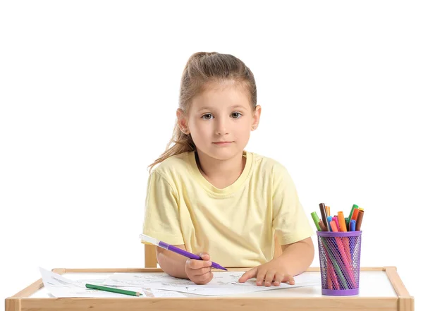 Cute Little Girl Coloring Pictures White Background — Stock Photo, Image