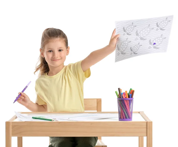 Cute Little Girl Coloring Pictures White Background — Stock Photo, Image