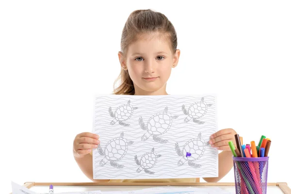 Cute Little Girl Coloring Pictures White Background — Stock Photo, Image