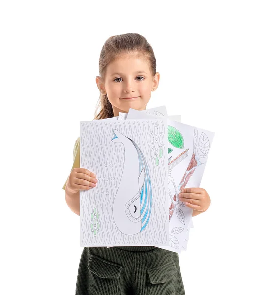 Cute Little Girl Coloring Picture White Background — Stock Photo, Image
