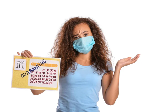 Jonge Vrouw Met Medisch Masker Met Kalender Met Geschreven Woord — Stockfoto