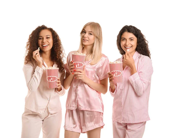 Beautiful Young Women Pajamas Eating Popcorn White Background — Stock Photo, Image