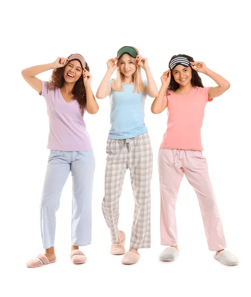 Belles Jeunes Femmes Pyjama Avec Des Masques Sommeil Sur Fond — Photo