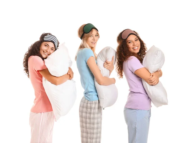 Beautiful Young Women Pajamas Pillows White Background — Stock Photo, Image