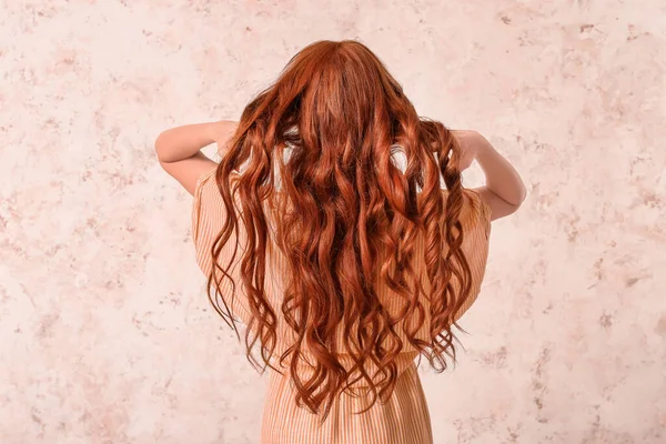 Beautiful Young Redhead Woman Light Background Back View — Stock Photo, Image