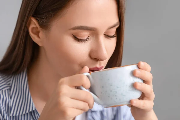 Beautiful Young Woman Drinking Tea Home — Stock Photo, Image