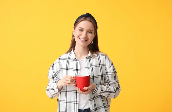 Beautiful Young Woman Cup Tea Color Background — Stock Photo, Image