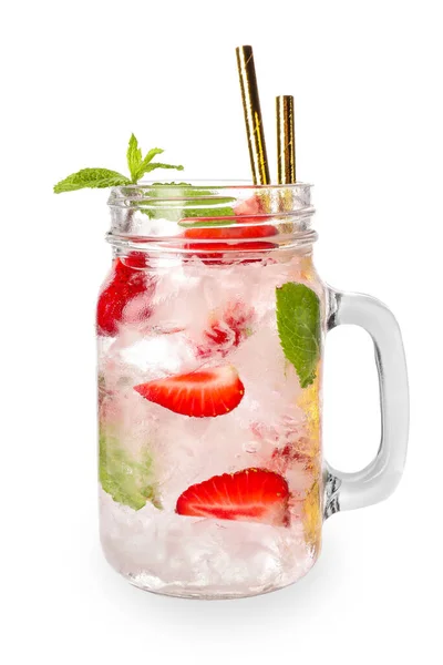 Mason Jar Fresh Strawberry Lemonade White Background — Stock Photo, Image