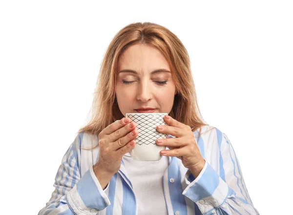 Beautiful Woman Cup Tea White Background — Stock Photo, Image