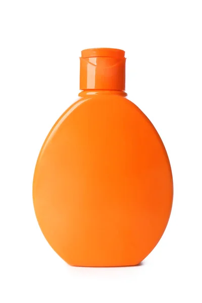Flaska Med Solskyddsmedel Vit Bakgrund — Stockfoto